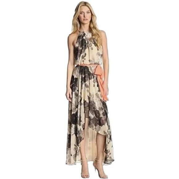 Eliza J Floral Hi-Lo Hem Gold Chain Halter Chiffon Dress Black Cream Size 6 - Picture 1 of 9